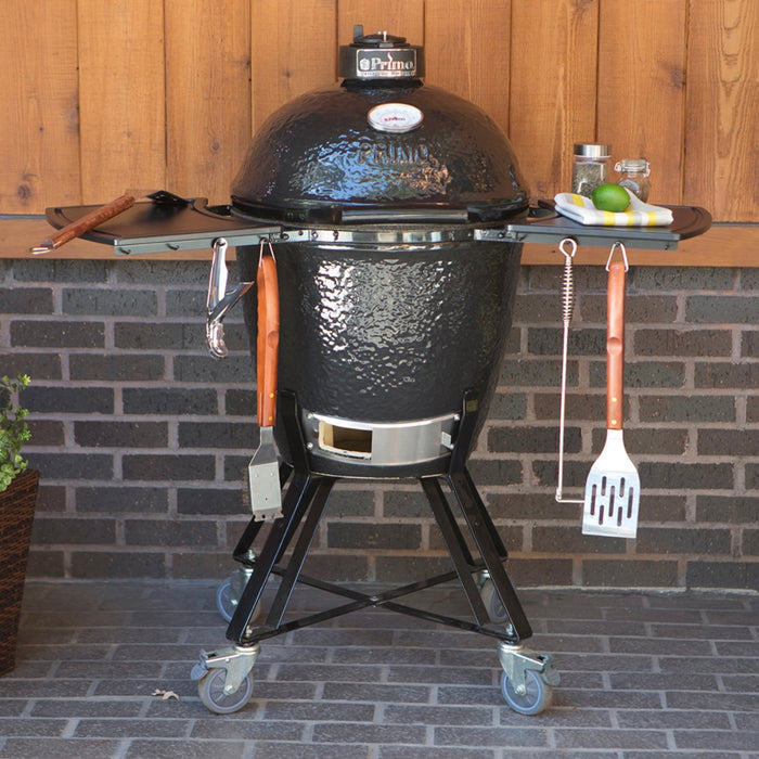 Primo All-In-One Round Ceramic Kamado Grill With Cradle, Side Shelves, And Stainless Steel Grates - PGCRC