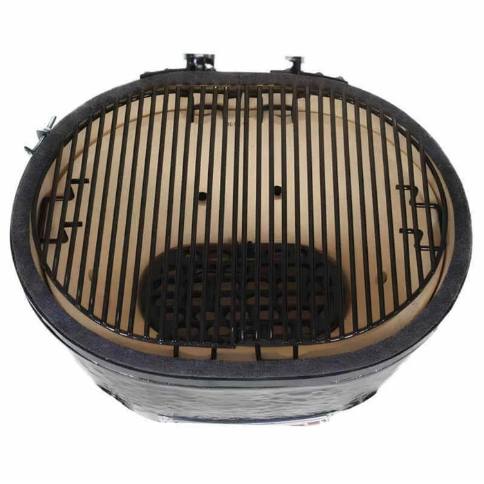 Primo All-In-One Oval Large 300 Ceramic Kamado Grill With Cradle, Side Shelves, And Stainless Steel Grates - PGCLGC