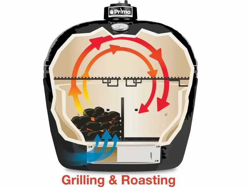 Primo All-In-One Oval Large 300 Ceramic Kamado Grill With Cradle, Side Shelves, And Stainless Steel Grates - PGCLGC