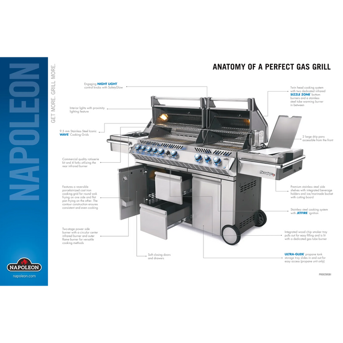 Napoleon Prestige PRO 825 Gas Grill With Infrared Rear Burner, Double Infrared Sear Burner, Side Burner, & Rotisserie Kit