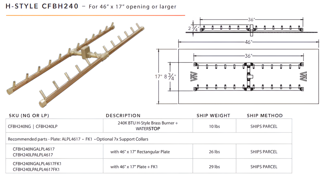 Warming Trends 240K BTU Crossfire CFBH H-Style Brass Burner With Waterstop