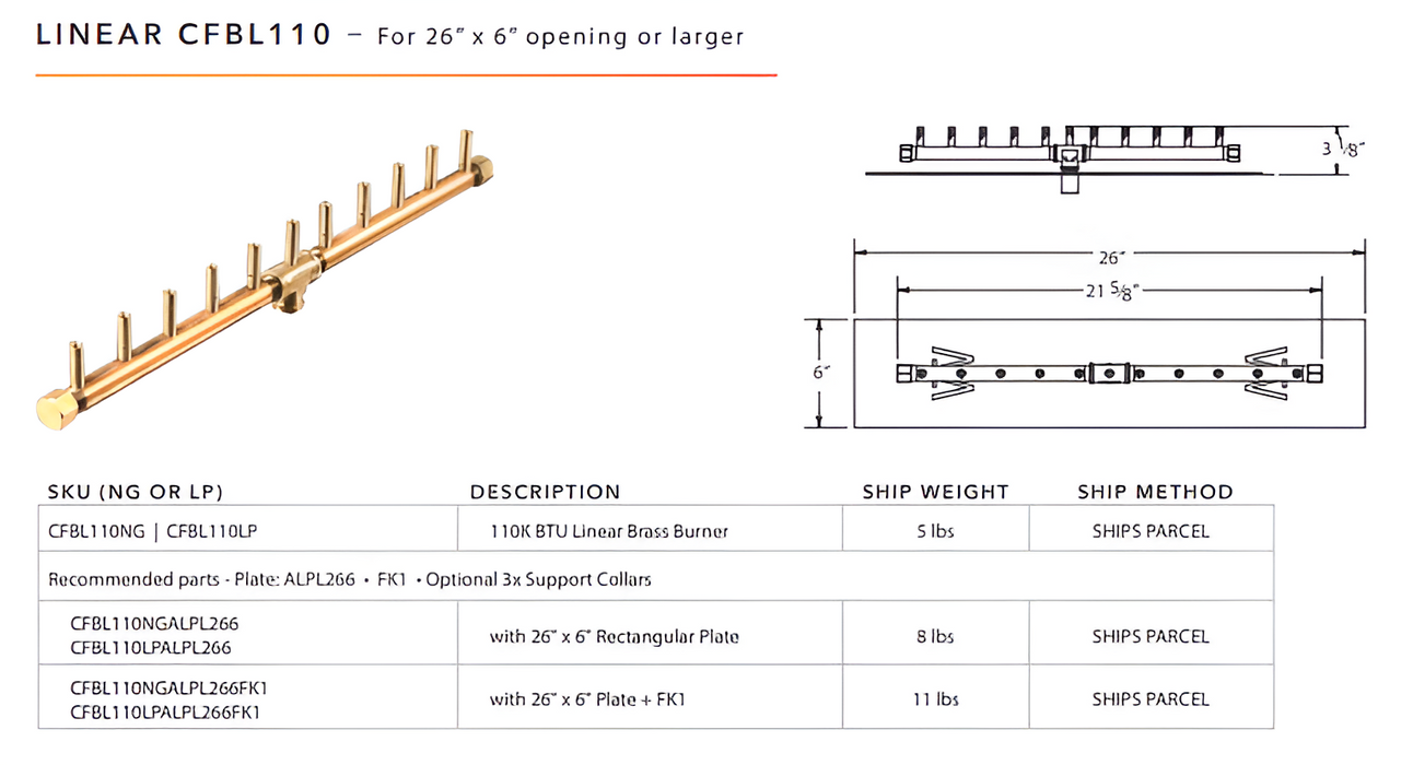 Warming Trends 110K BTU Crossfire CFBL Linear Brass Burner With Waterstop