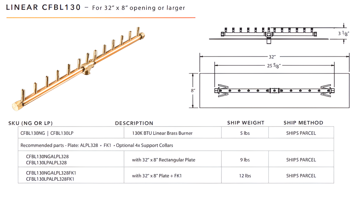 Warming Trends 130K BTU Crossfire CFBL Linear Brass Burner With Waterstop