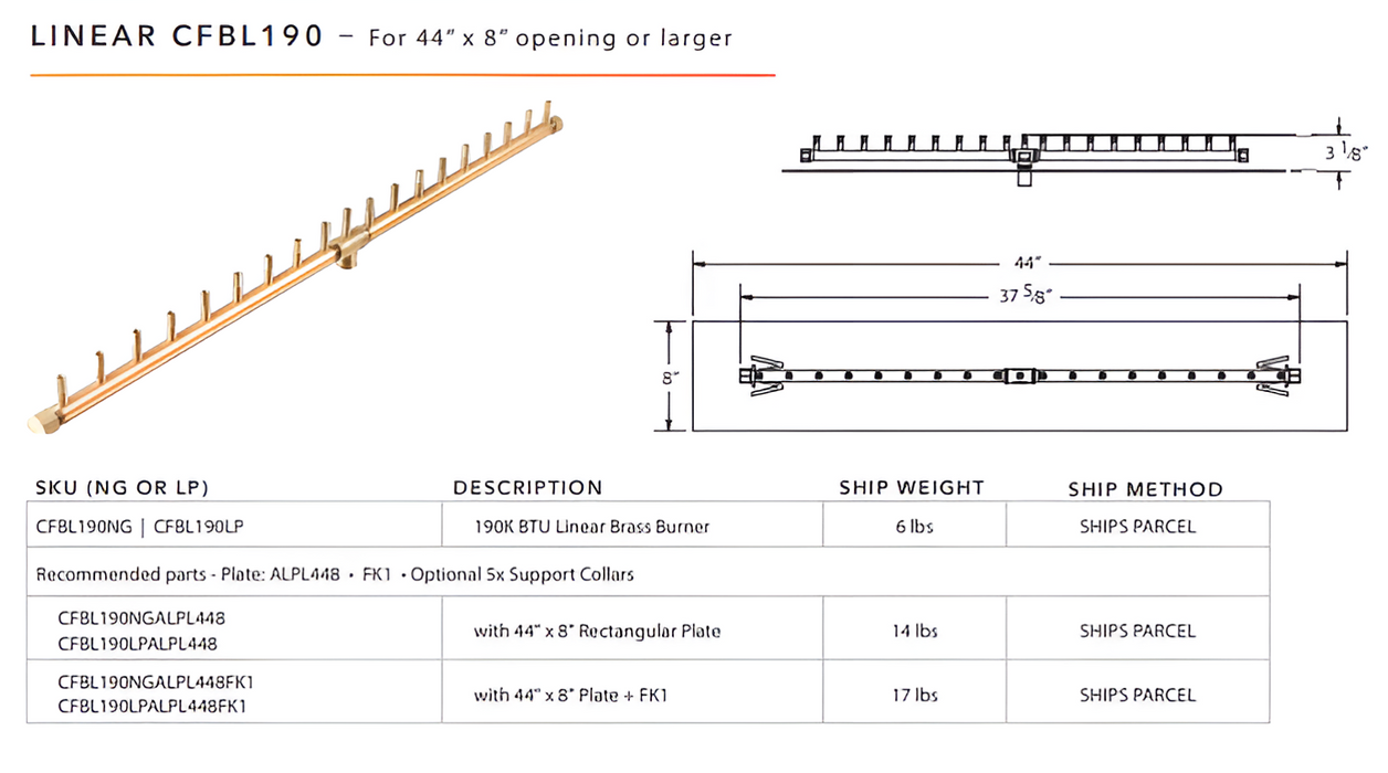 Warming Trends 190K BTU Crossfire CFBL Linear Brass Burner With Waterstop