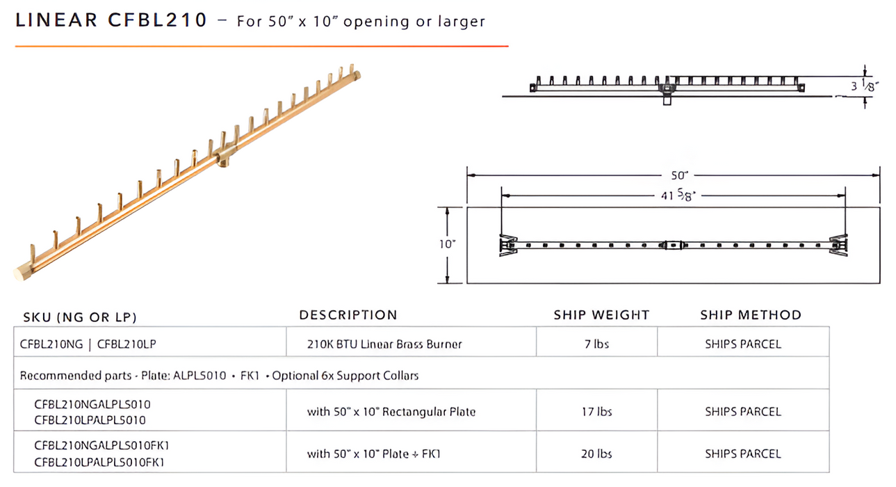 Warming Trends 210K BTU Crossfire CFBL Linear Brass Burner With Waterstop