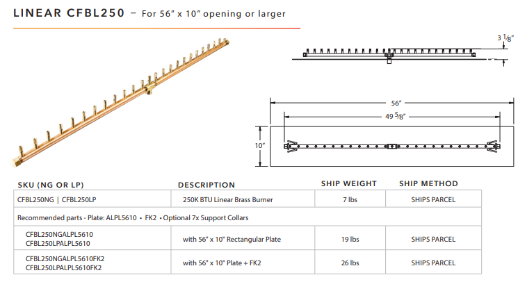 Warming Trends 250K BTU Crossfire CFBL Linear Brass Burner With Waterstop