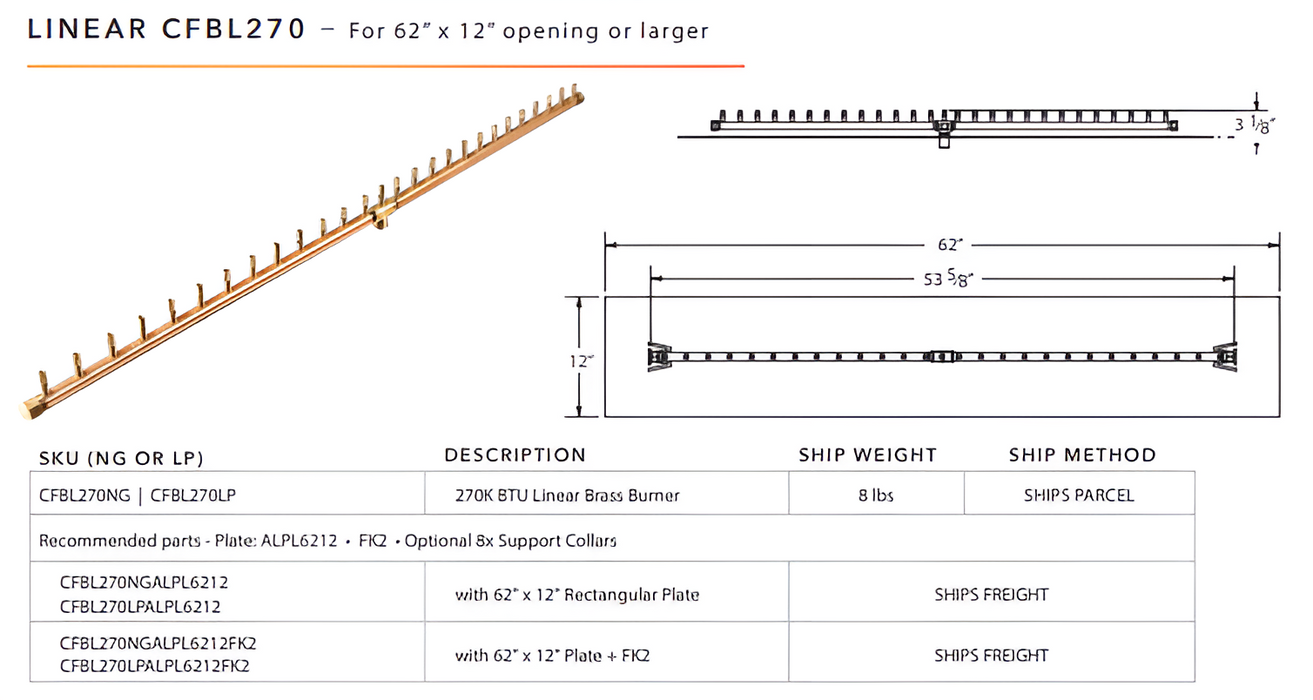 Warming Trends 270K BTU Crossfire CFBL Linear Brass Burner With Waterstop