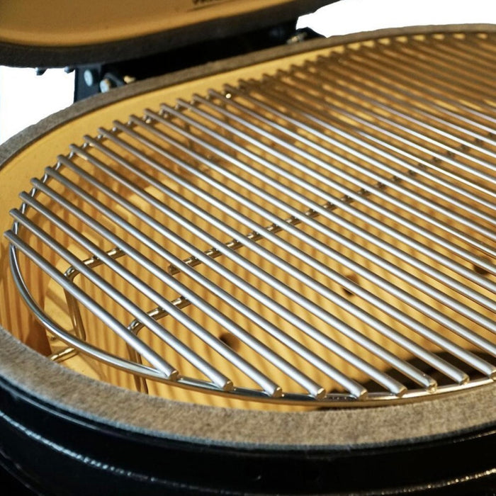 Primo All-In-One Oval Large 300 Ceramic Kamado Grill With Cradle, Side Shelves, And Stainless Steel Grates - PGCLGC