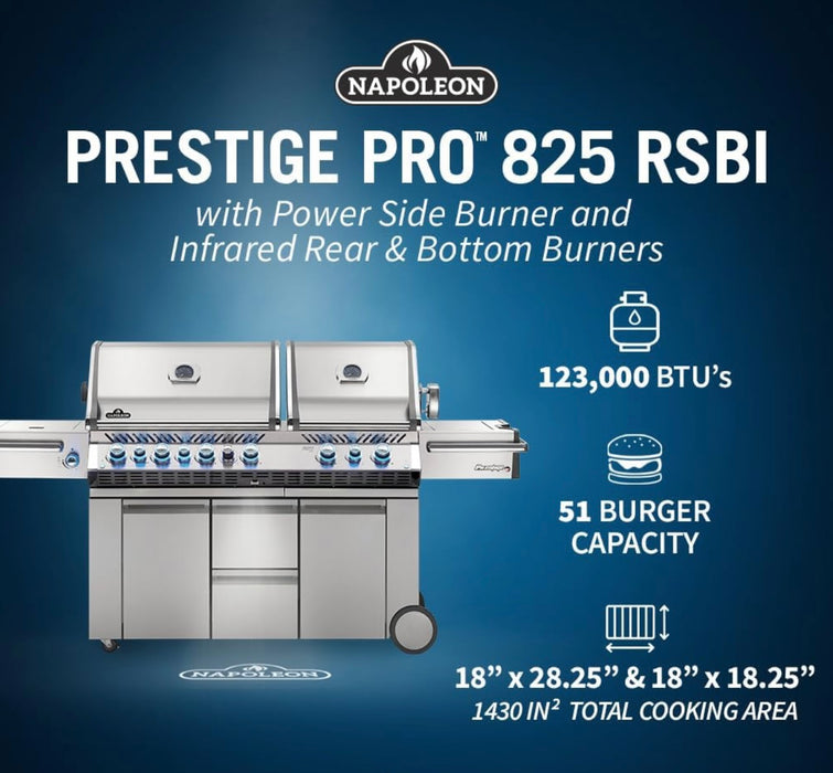 Napoleon Prestige PRO 825 Gas Grill With Infrared Rear Burner, Double Infrared Sear Burner, Side Burner, & Rotisserie Kit