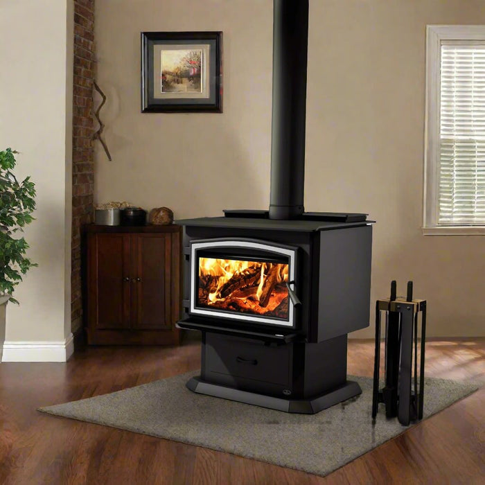 Osburn 29-Inch 3500 Wood Burning Stove With Pedestal Ash Drawer & Blower With 30% Tax Credit Eligibility - OB03500