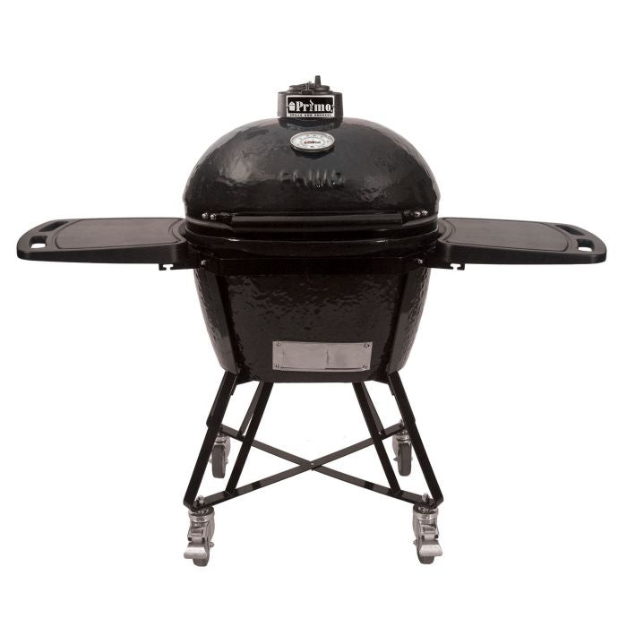 Primo All-In-One Oval Large 300 Ceramic Kamado Grill With Cradle, Side Shelves, And Stainless Steel Grates - PGCLGC