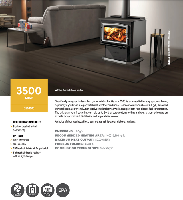 Osburn 29-Inch 3500 Wood Burning Stove With Pedestal Ash Drawer & Blower With 30% Tax Credit Eligibility - OB03500