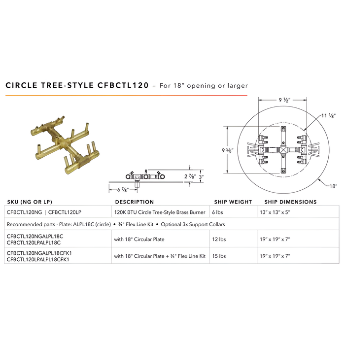 Warming Trends 120K BTU Circle Tree-Style Brass Burner With Waterstop