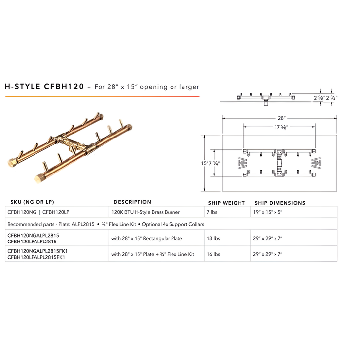 Warming Trends 120K BTU Crossfire CFBH H-Style Brass Burner With Waterstop