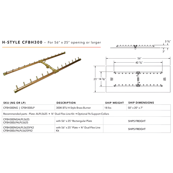 Warming Trends 300K BTU Crossfire CFBH H-Style Brass Burner With Waterstop