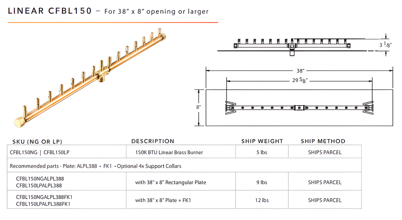 Warming Trends 150K BTU Crossfire CFBL Linear Brass Burner With Waterstop