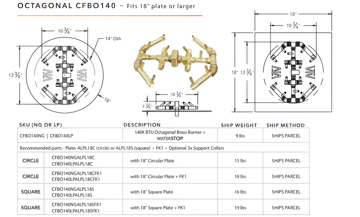 Warming Trends 140K BTU Crossfire CFB Octagonal Brass Burner With Waterstop