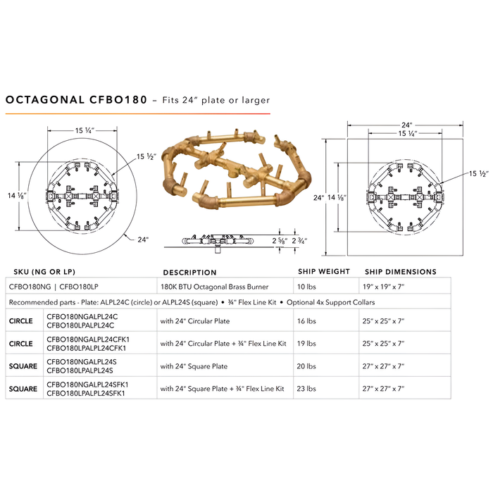 Warming Trends 180K BTU Crossfire CFBO Octagonal Brass Burner With Waterstop