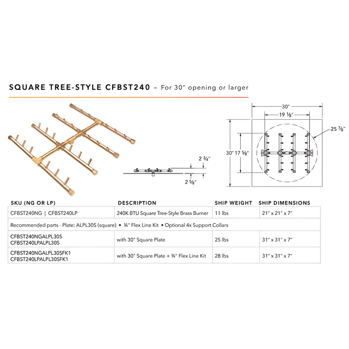Warming Trends 240K BTU Crossfire CFBST Square Tree-Style Brass Burner With Waterstop