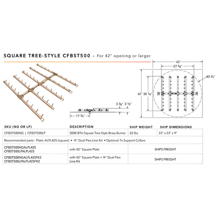 Warming Trends 500K BTU Crossfire CFBST Square Tree-Style Brass Burner With Waterstop